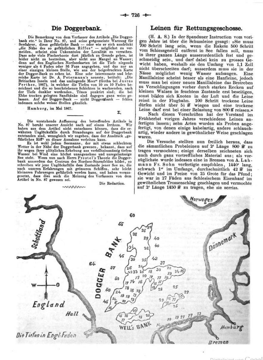 An 1867 printed depth chart of Dogger Bank in the North Sea.