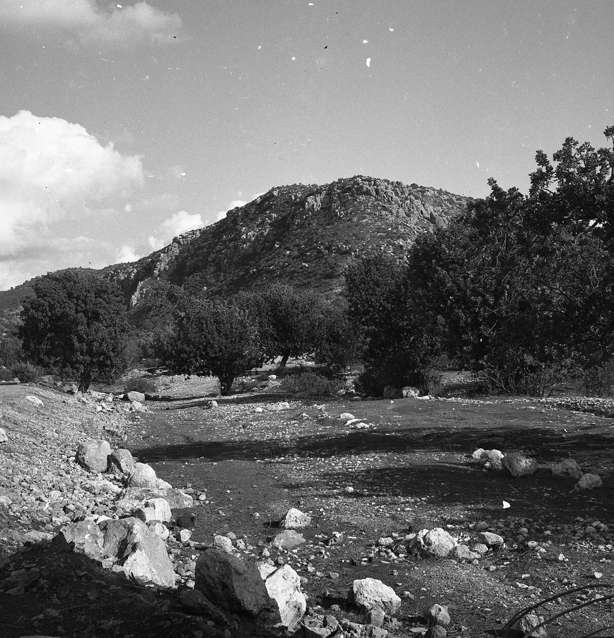 Nahal Oren archaeological site · Benno Rothenberg · CC BY 4.0 Archival photograph of the Nahal Oren excavation and its surrounding landscape.
